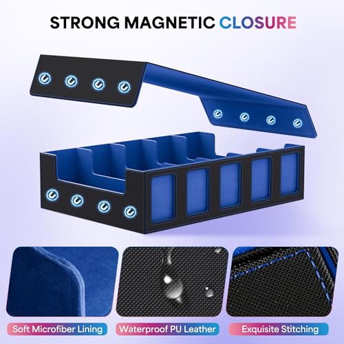 Image of UAONO Trading Card Storage Box with Commander Display;3900+ Card Box for MTG, Removable Cover; 5 Row Case fits MTG TCG Sports Cards 48 Dividers,5 Stoppers,5 Top Loaders,1 Dice Box(Black, Blue)