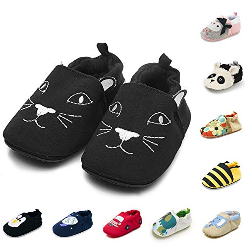 COSANKIM Infant Baby Boys Girls Slipper Soft Sole Non Skid Sneaker Moccasins Toddler First Walker Cirb House Shoes, 01 Black Cat, 18-24 Months Toddler
