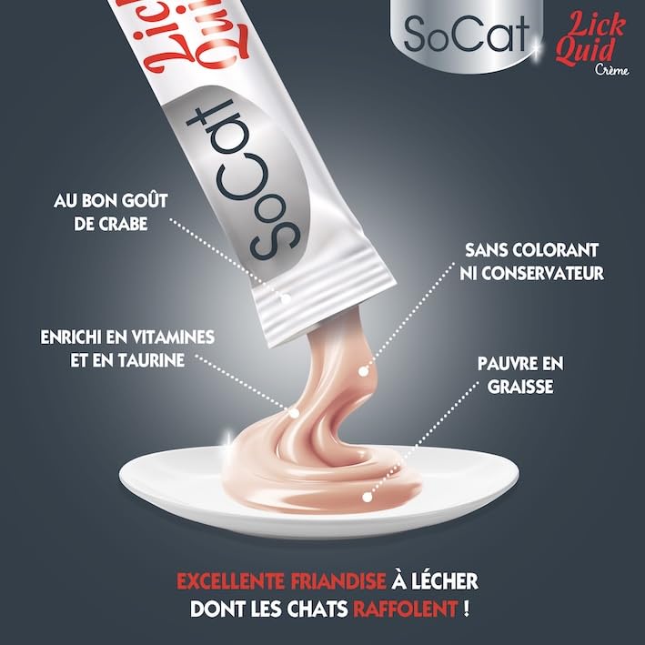Riga - Socat Lick Quid - Friandises pour Chat - Snack Humide Au Crabe - Crème A Lécher - Vitamines Et Taurine - sans Colorant Ni Conservateur - Faible en Graisses - Récompense Idéale - 4 x 14g