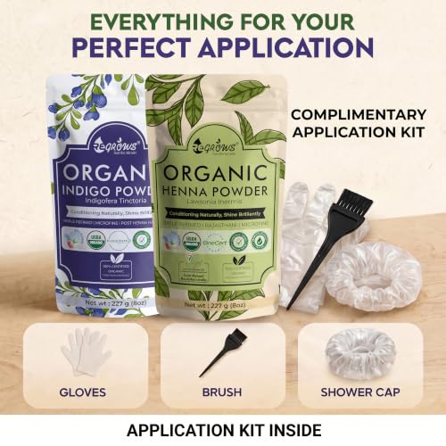 Image of ReGrows 100% Certified Organic Henna & Indigo Powder Combo | Natural Plant-Based Hair Color | USDA Organic Certified | No Ammonia | No PPD | Includes Application Kit | 227g + 227g