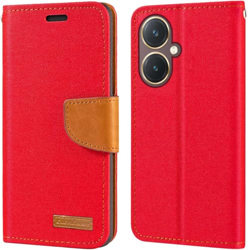Image of ClickCase Canvas Series for vivo Y27 Cloth & Pu Leather Wallet Flip Case Kick Stand Magnetic Closure Flip Cover for vivo Y27 (Red)