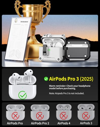 Image of Pohgelan for AirPods Pro 3 Case with Safety Lock-White | Carbon Fiber Texture Cover,Magnetic Automatic Lock with Cleaning Kit&Keychain,Compatible with Magsafe