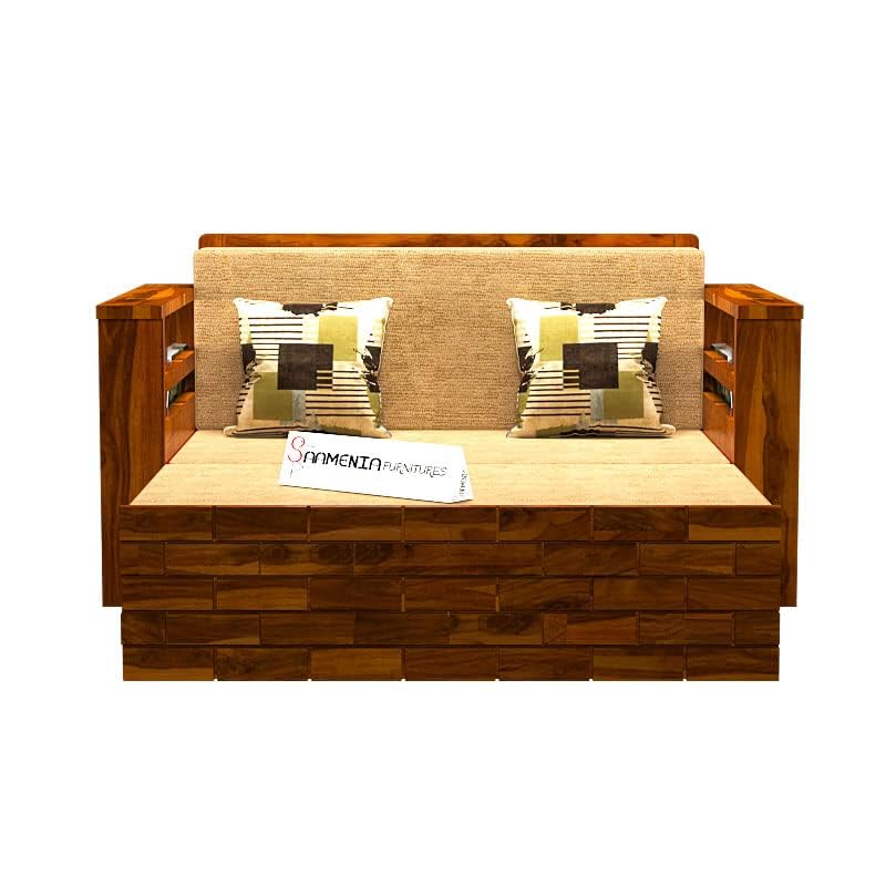Image of Mamta Furniture Solid Sheesham Wood Sofa Cum Bed Furniture Set with Storage and Cushions for Living Room | Bedroom | Drawing Hall Honey Finish Queen