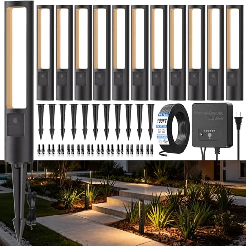 PETLIK All-in-One Low Voltage Landscape Lighting Kit, 12-Pack Pathway Lights with Transformer Dusk to Dawn Outdoor Lighting 5CCT, IP66 Waterproof Landscape Lights with Connectors for Patio