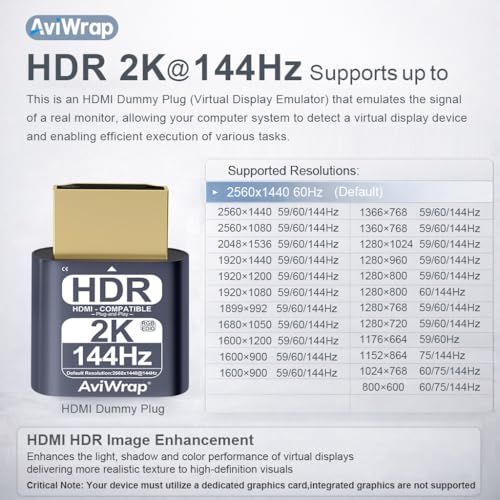HDMI Dummy Plug 2K144Hz HDR, Virtual Monitor EDID Emulator miniatura 2