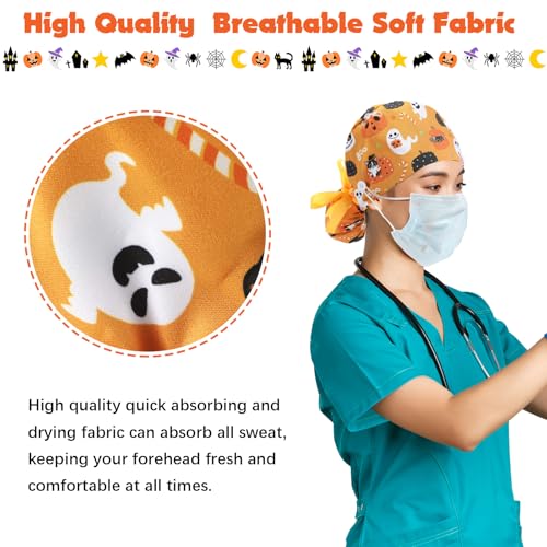 Image of 6 Pcs Scrub Caps for Women Doctor Nursing Hats with Buttons Adjustable Tie Back Working Cap Bouffant Scrub Hats for Women Men