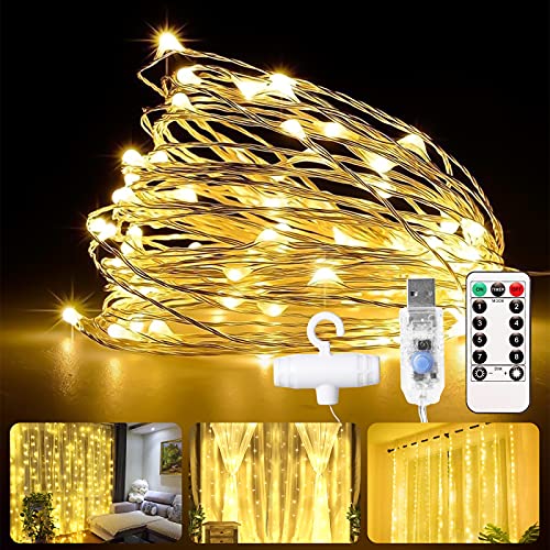 LED Lichterkette 300 LEDs, Lichtervorhang 3m x 3m, USB Lichterkettenvorhang Warmweiß, Vorhanglichter mit 8 Modi Fernbedienung für Party deko, schlafzimmer, Innenbeleuchtung Cover