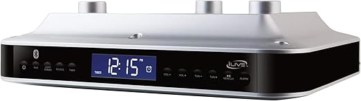 iLive Under The Counter Wireless Stereo Bluetooth Speaker, Digital Alarm Clock, Kitchen Timer, Dual HD Speakers, FM Radio LCD Display, LED Light, Easy Installation, Sleek Modern Home Décor