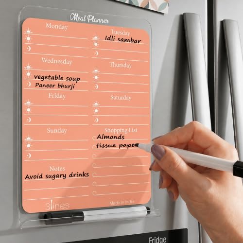 Image of 3 Lines ClearBite Acrylic Magnetic Meal Planner Board | Sleek & Durable | Includes Marker & Duster | 24x16 CM | Perfect for Meal Planning, Shopping Lists, Notes | Ideal for Home, Office | Apricot