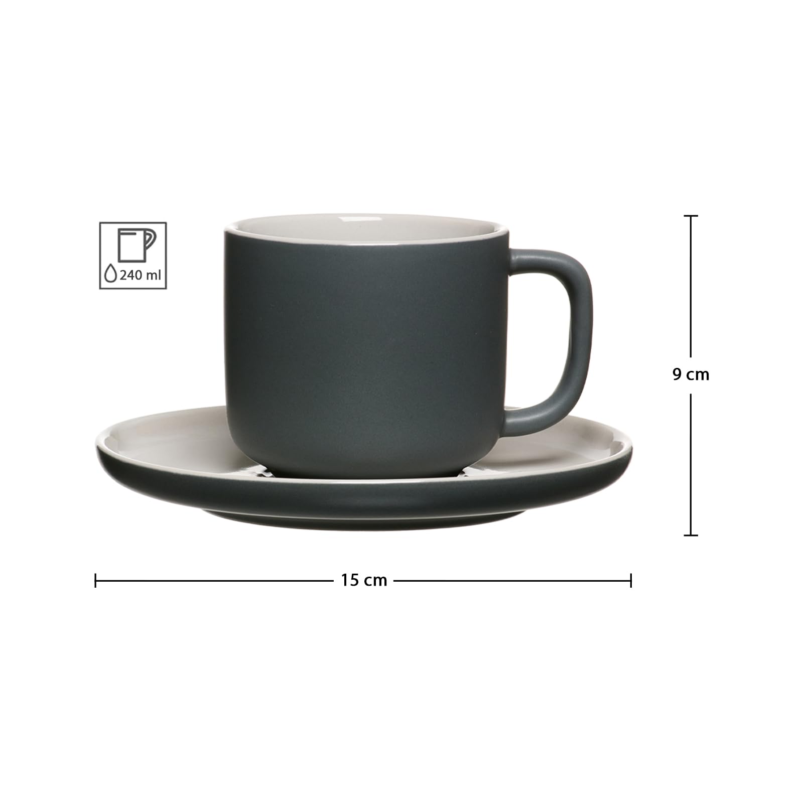 Kaffeebecher mit Gravur & Untertasse, Grau, 200 ml, 6 Stück