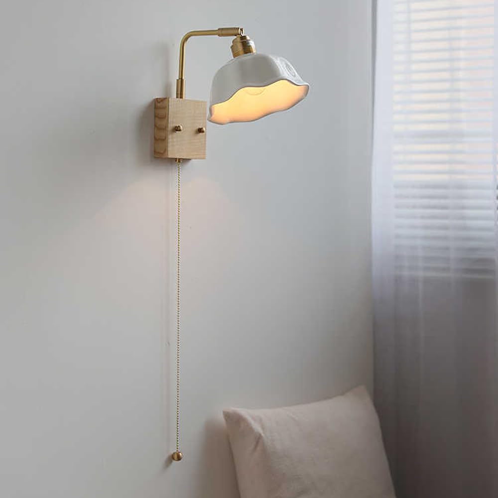 Aplique de pared moderno de madera y cristal con interruptor de cadena de latón 6