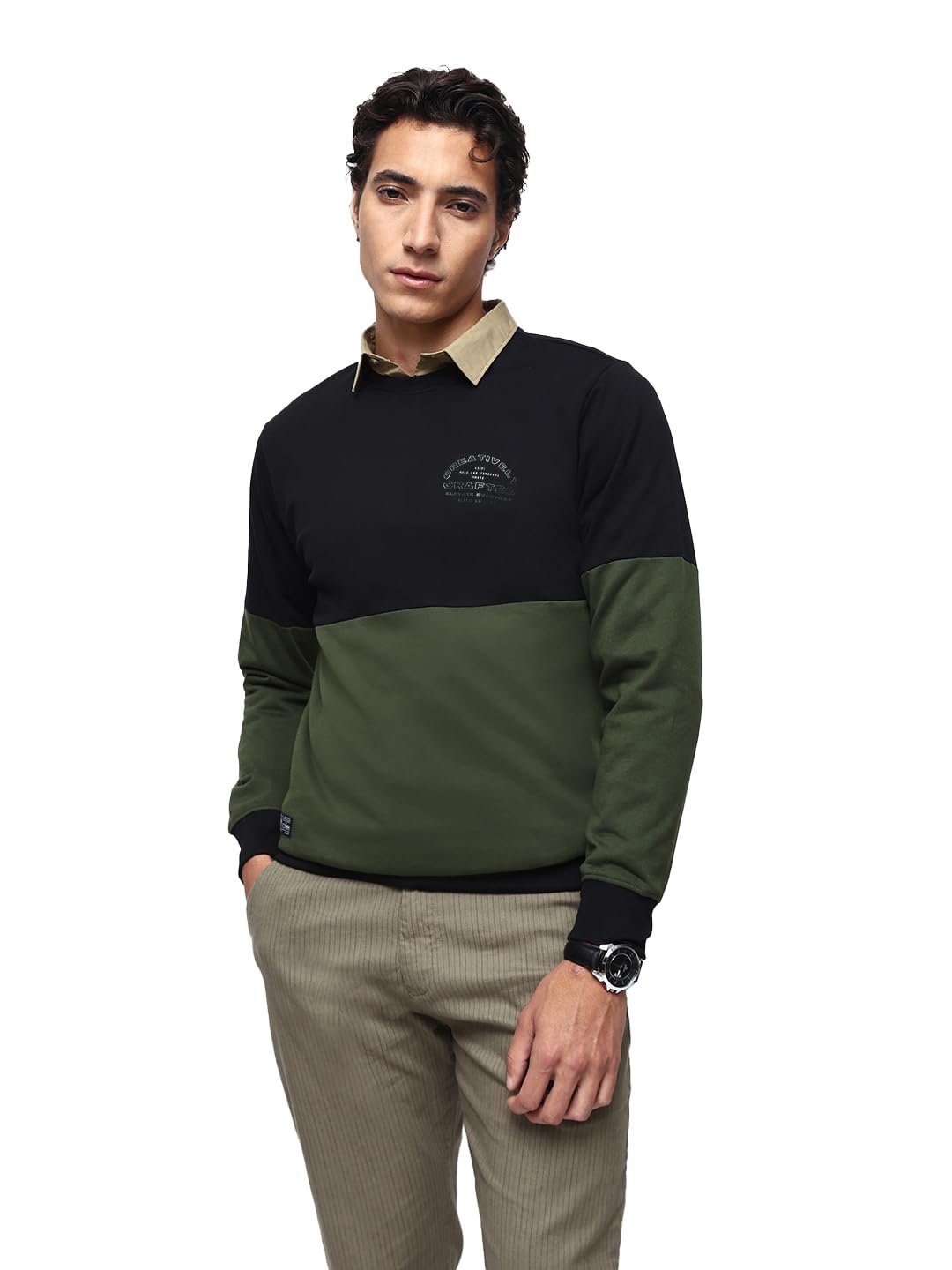 Dennis Lingo Men's Colourblocked Round Neck Relaxed Fit Pullover Sweatshirt in neutral