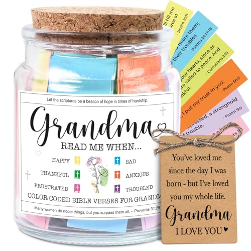 NewEleven Gifts For Grandma - Christian Gift, Nana Gift, Grandma Birthday Gifts From Granddaughter, Grandson, Kids - Decorative Glass Inspirational Scripture Jar with 92 Bible Verse