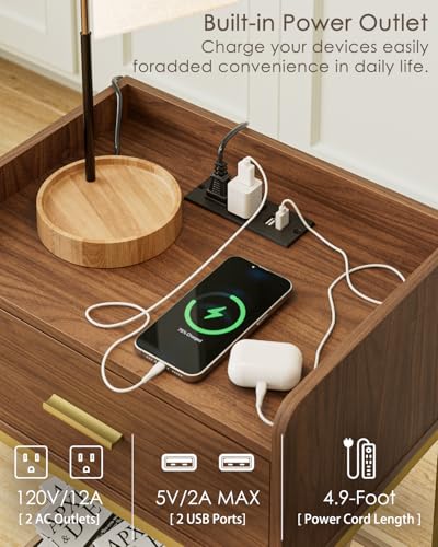 Image of Masupu Nightstand with Charging Station, 3-Tier Modern Bedside Night Stand with Storage Drawer and Shelf, Small End Side Table for Bedroom, Living Room, Walnut