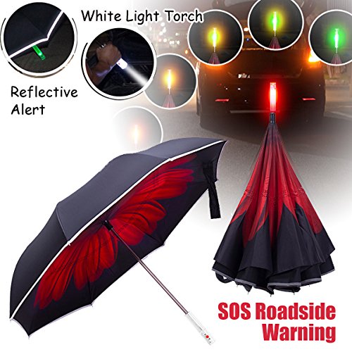 Deluxe Reverse Umbrella Inverted with Roadside SOS Flashing Emergency Warning Light & LED Flashlight Handle - Vehicle Reflective Safety Car Golf Umbrellas (Daisies Red)