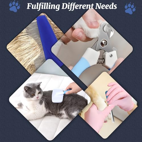 QGGTQG Kaninchen Pflege Set 8 Stück Kleintierpflegeset mit Trimmer Haustier, Nagelknipser, Feile, Haustiermassage, Badhandschuh, Floh Kamm für Katzen, Welpen, Kaninchen, Hamster (Blau)
