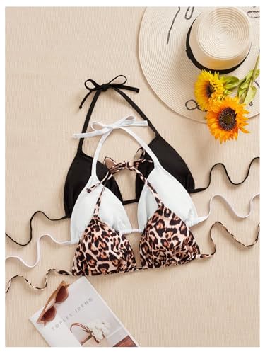 SweatyRocks Women's Plus Size s 3 Pack Leopard Print Halter Bikini Top Tie Backless String Swimsuit Tops3