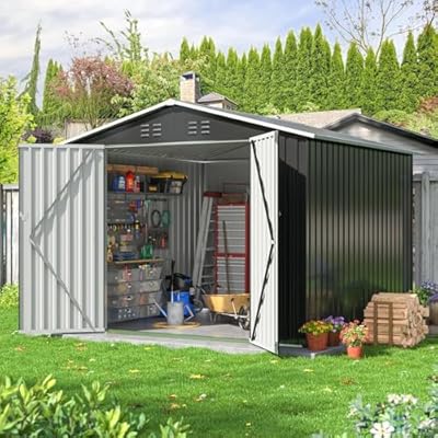 VIWAT 8x8 FT Outdoor Storage Shed, Metal Garden Shed with Updated Lockable Doors and Frame Structure, Large Tool Sheds for Backyard Garden Patio Lawn, Black