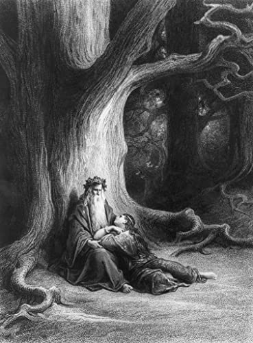 IPLUPJDY Peinture Poster Art Mural en Toile Impression Tableaux l'enchanteur Merlin et la fée Vivien dans la forêt de Brocéliande de Gustave Dore Tableaux Moderne Pour la Décoration Murale 60x90cm