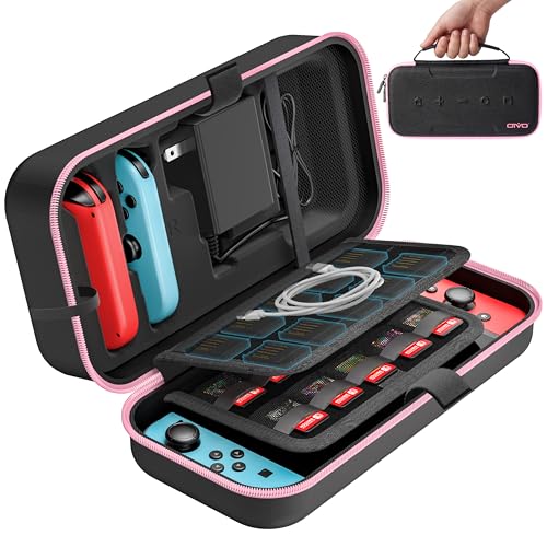 Switch OLED Carrying Case Compatible with Nintendo Switch &amp; OLED, Portable Switch Travel Carry Case Fit for Joy-Con and Adapter, Hard Shell Protective Switch Pouch Bag with 20 Games, Pink