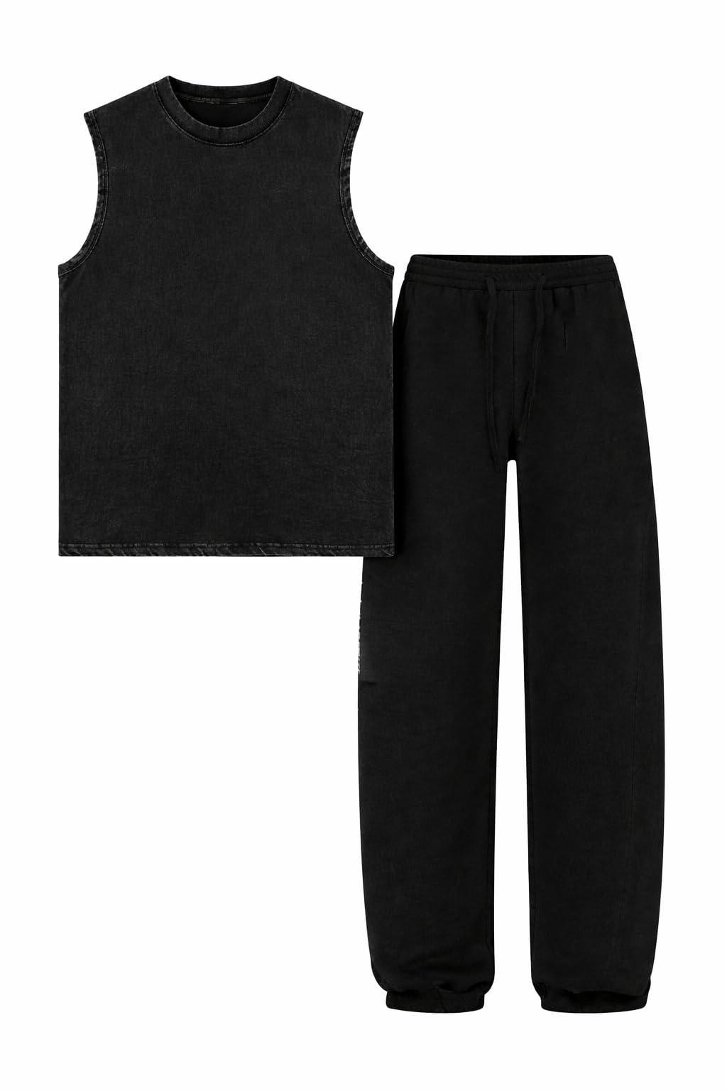Unisex Oversized Streetwear Co-Ord Set – Black Sleeveless Vest With Wide-Leg Pants. Terry Cotton. Relaxed Fit Casual Outfit (IN, Alpha, XL, Regular, BLACK 1)-picture-47