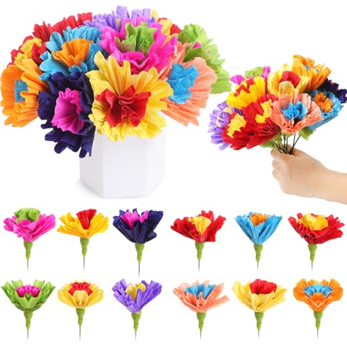 Ctosree 12 Pcs Mexican Paper Flowers Artificial Rainbow Crepe Paper Flowers Bunch with Stems De Papel para Decoracion Mexican Fiesta Assorted Flower Centerpieces for Fiesta Cinco De Mayo Party Home