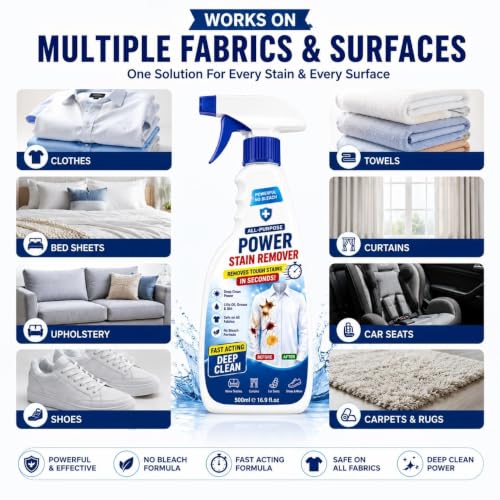Image of All-Purpose Clothing Stain Remover Spray | No Bleach Fabric Stain Cleaner for Coffee, Wine, Oil & Grease | Fabric Cleaner for Clothes, Curtains, Upholstery, Car Seats & Home Textiles