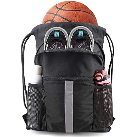 BeeGreen Drawstring Backpack Bag with Shoe Compartment X-Large Black Gym Sports String Cinch Backpack Athletic Sackpack with Front Inside Zipper Pockets and Mesh Water Bottle Holders for Women M Cover