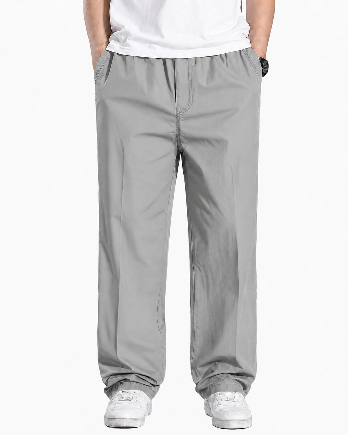 dbax Men’s Relaxed Fit Casual Trousers | Elasticated Waist Straight-Leg Pants with Side & Back Flap Pockets | Everyday Travel Wear | Khaki-picture-32