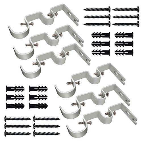 TLBTEK 6PCS Silver Curtain Rod Bracket,Double Curtain Rod Hanging Brackets Wall Mount Heavy Duty,Adjustable Curtain Rod Holders Hardware for Window, Bedroom, Home Curtain rods,Drapery Rod
