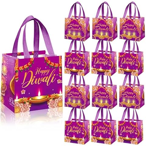 kaixiaoru 20 PCS Happy Diwali Day Treat Bag,Happy Diwali Day Gift Bags Candy Bags Gooide Bags with Handle Reusable Non Woven Tote Bags for Diwali Day Party Decorations Favors (7.9 * 7.9 * 8.3inch) Cover