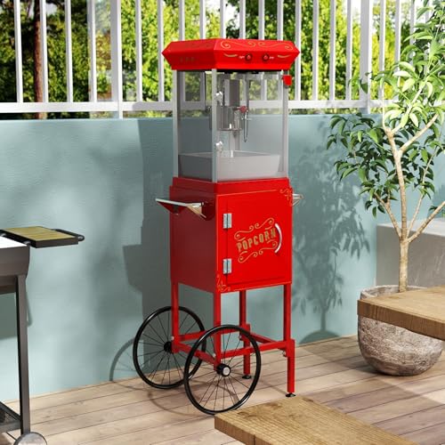 Image of Popcorn Machine with Cart, with Wheels & 6 Oz Pot Popcorn maker Equipped with Popcorn Scoops & Tools, Mobile Cart with Lockers for Commercial Home Movie Theater Vintage Style (Red)