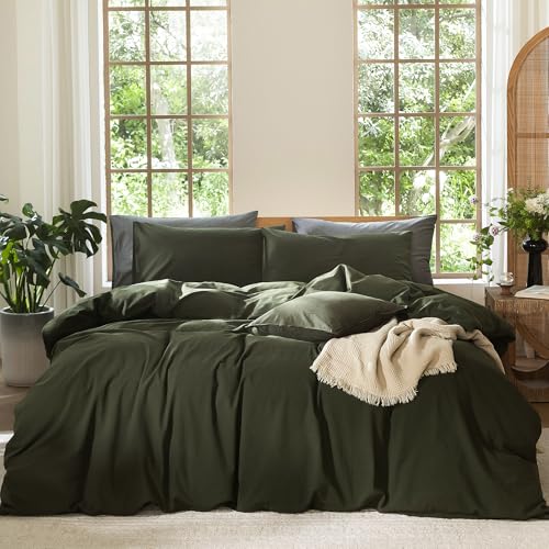 MooMee Bedding Duvet Cover Set 100% Washed Cotton Linen Like Textured Breathable Durable Soft Comfy (Solid Olive Green, Alaska King 132"x120")