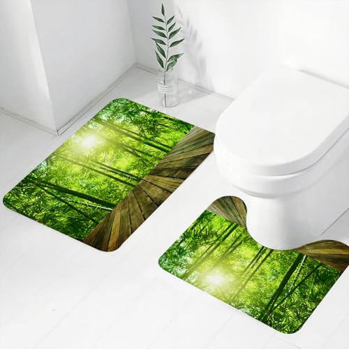 FEHWI Alfombra Baño 2 Piezas,Alfombrilla Antideslizante y Secado Rápido Lavable,Alfombrilla para Bañera,Baño,Ducha,WC,Plataforma de Madera Tranquila, bambú y Sol en la Cubierta de Madera de un Oasis