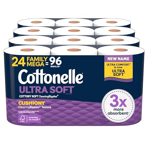 Cottonelle Ultra Soft Toilet Paper with Cushiony CleaningRipples Texture, Strong Bath Tissue, 24 Family Mega Rolls = 108 Regular Rolls (4 Packs of 6)
