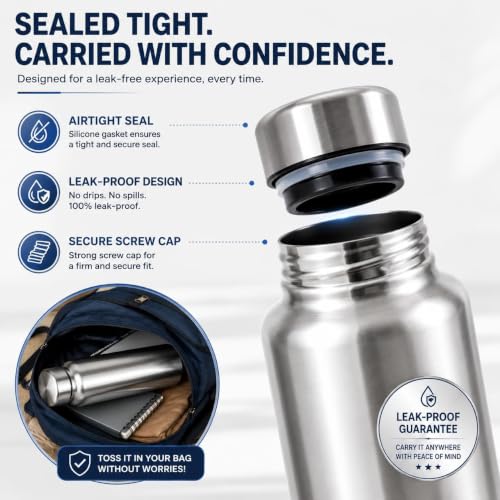 Image of TREVIO 1 Litre Stainless Steel Water Bottle, 304 Grade Food-Grade Steel Bottle with Airtight Leak-Proof Screw Cap, Wide Mouth, Rustproof Reusable Water Bottle for Office, Home, College & Travel (3)