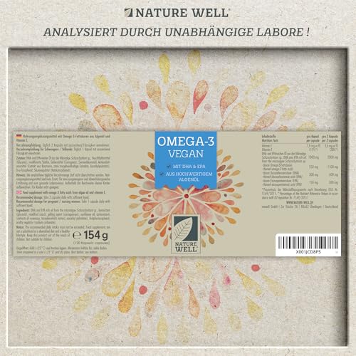 Omega-3 Vegan 120 Kapseln hochdosiert, 2000mg Omega-3 Algenöl pro Tag mit 600mg DHA & 300mg EPA, veganes Omega aus nachhaltigem Anbau als Fischöl-Alternative, laborgeprüft mit Zertifikat, NatureWell 6