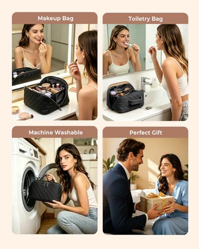Image of Batfield Makeup Pouch Bag for Women, 2Pcs Waterproof Puffer Set with 180 Flat Open, Travel Large Capacity Makeup Bag for Women with Brush Compartment & Handle for Vacation, Business Trip (Black)