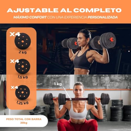 Mobiclinic® , Mancuernas ajustables, 2 en 1, Peso de 2-30 kg, Incluye y barra extensión acolchada, Tuercas antideslizantes, Acero resistente, Gym casa - Imagen 7