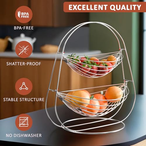 Image of Kuber Industries Stainless Steel 2 Tier Oval Swing Fruit and Vegetable Basket | Countertop Onion Potato Rack for Kitchen /Pantry | Fruit Basket for Dining Table | Vegetable Storage Stand | Silver
