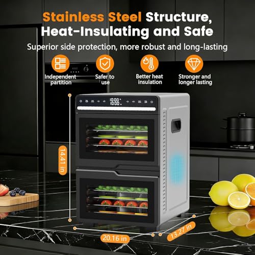 WAA Food Dehydrator, 12 Stainless Steel Trays with 8.8 ft² Drying Space, 1100W, 176°F Dehydrated Dryer for Jerky & Time Control for Two Chambers for Meat, Pet Treats, Herb, Fruit, Vegetables - image 6