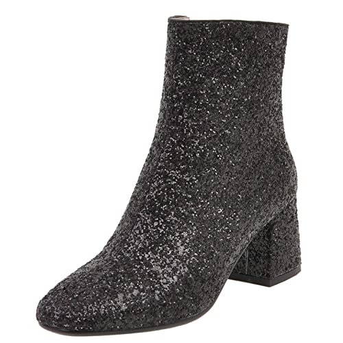 FIFSY Women Sparkly Ankle Boots Sequin Glitter Booties Chunky High Heels