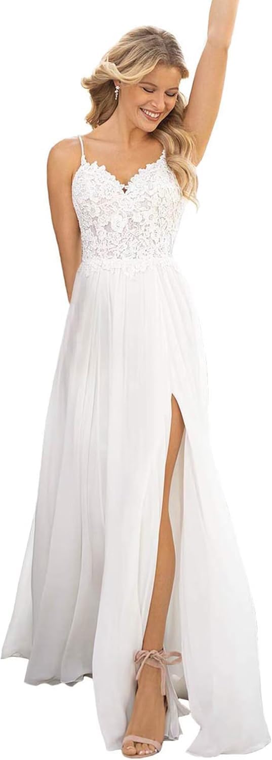 Brautkleider Lang Schlicht Elegant Standesamt Spaghetti-Träger Chiffon Hochzeitskleider Spitze Prinzessin Brautkleid