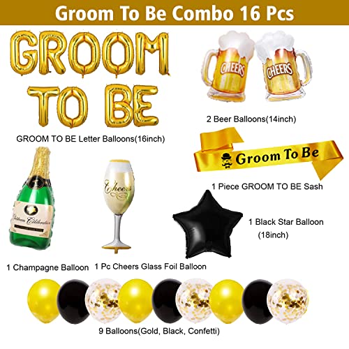 Image of Party Propz Groom to Be Decoration Set Combo - 16Pcs Set Groom to Be Balloon, Champagne & Cheers Foil, Metallic Balloons and Yellow Sash for Bachelorette Party Decorations