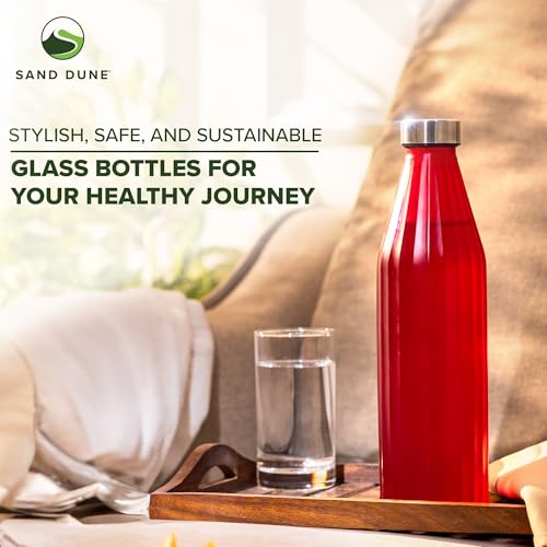 Image of SAND DUNE RedColour Glass water bottle, 800 ml Each, Set of 1, with Leak-Proof Airtight Stainless-Steel Lid for Water, Smoothie, Juices - Reusable Travel Glass Drinking Fridge Bottles