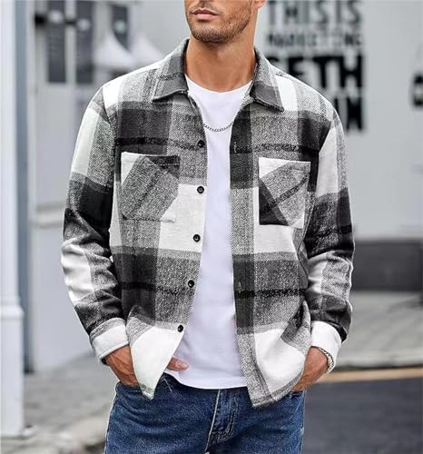 Wankang Men's Flannel Shirts Casual Button Down Plaid Shirt Jacket Lightweight Long Sleeve Fleece Shacket for Men Pockets2