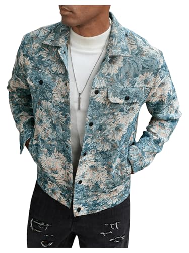 Floerns Men's Floral Jacquard Button Front Going Out Jacket Long Sleeve Shacket Shirts