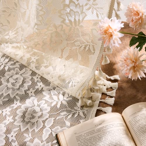 Beige Boho Lace Curtains 84 Inches Long Hollow Floral Tassel