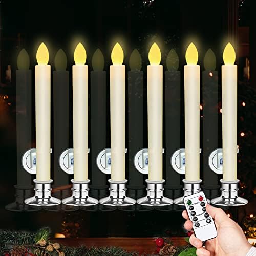 Ernon Christmas Window Candles Light,Flameless Taper Candles Flickering Battery Operated, 3D Wick Warm LED Light Electric Candles, Removable Candlesticks and Suction Cups for Home Decor,Set of 6