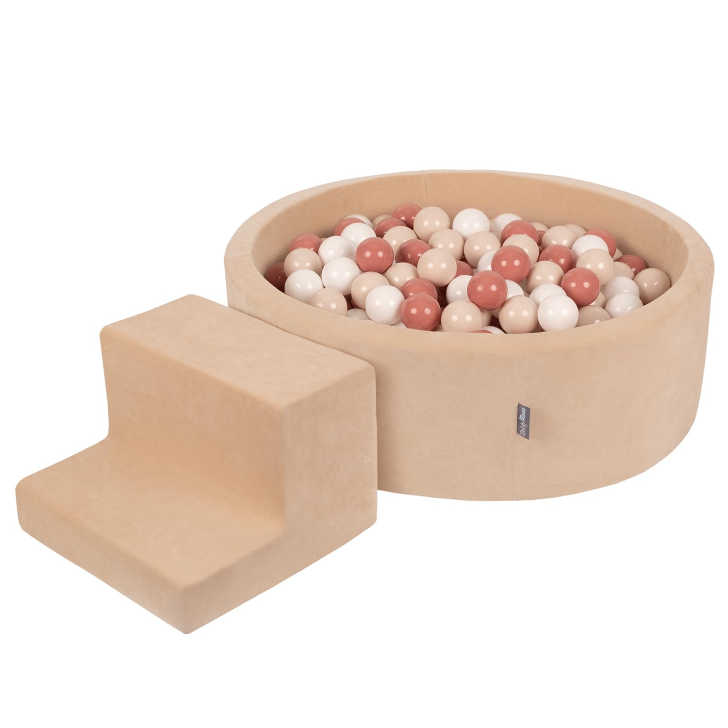 KiddyMoon Parque Terciopelo Infantil De Espuma con Rodondo Piscina De Bolas Piscina (100 Bolas) + Escalones para Niños, Beige De Arena: Beige Pastel/Salmón/Blanco